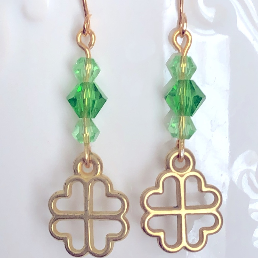 New Shamrock Clover Sparkling Glass Handmade St Paddy’s Day Lucky Earrings